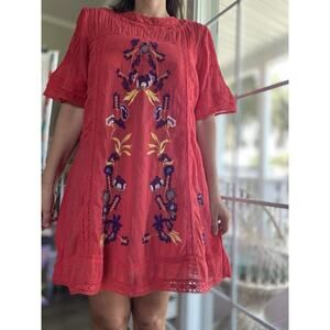 Free People Bell Sleeve Embroidered Red Dress Boho Festival Peasant Style SP